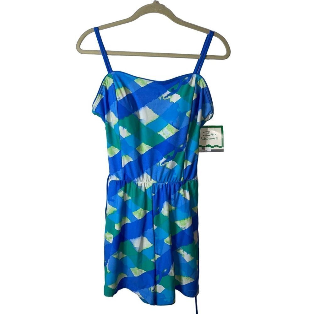 Sea Waves Vintage Womens Swim Romper Size 16 Blue Green Abstract Belted New